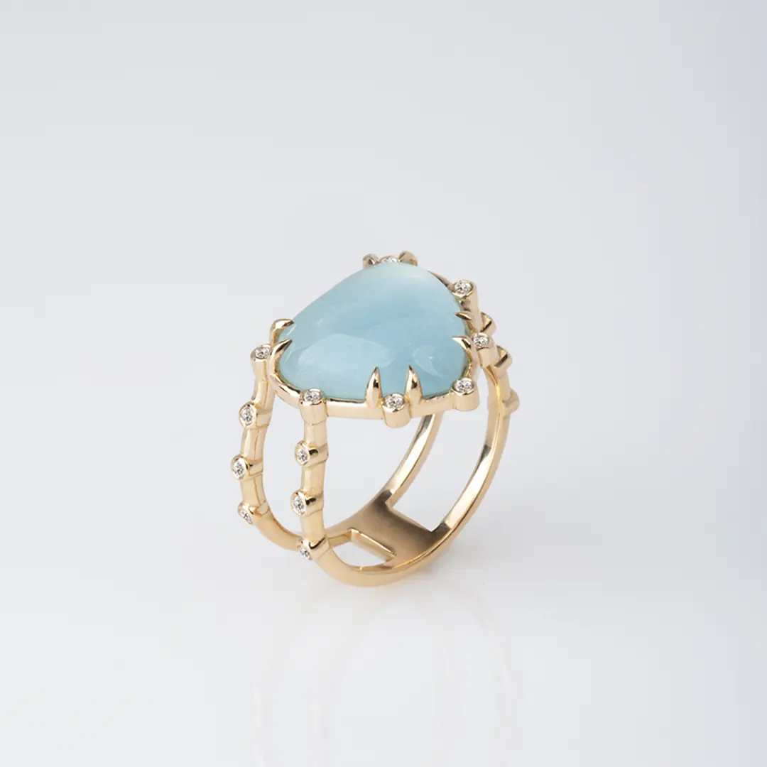 14K Gold Double Band,  Aquamarine Heart Ring with Diamonds - Image 2