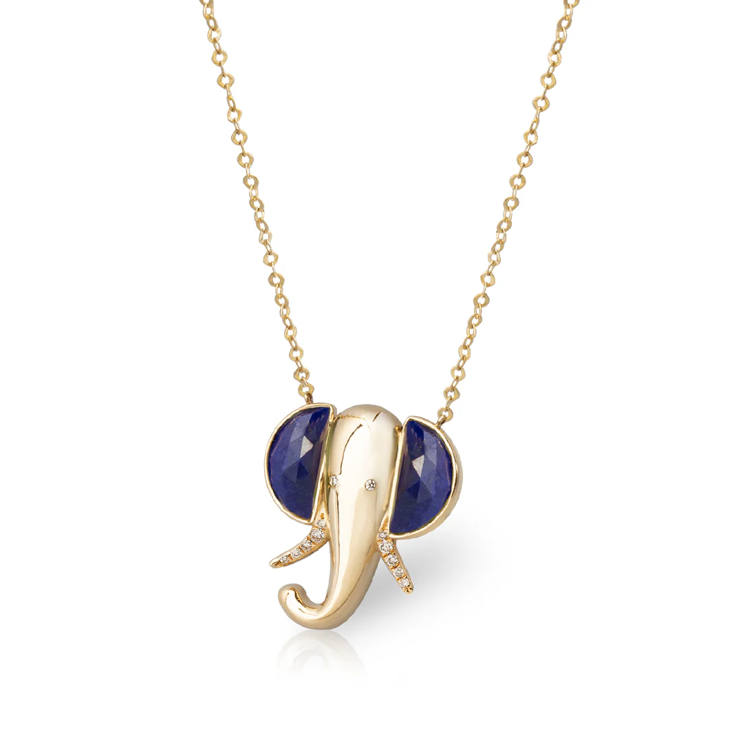 14K Gold Elephant Necklace with Lapis Lazuli and Diamonds - Image 2