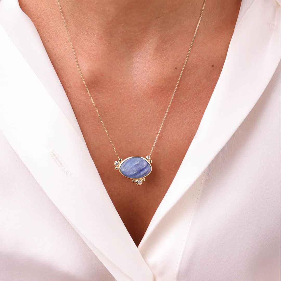 14K Gold Horizontal Oval Kyanite Necklace with 3 Diamonds - Image 2