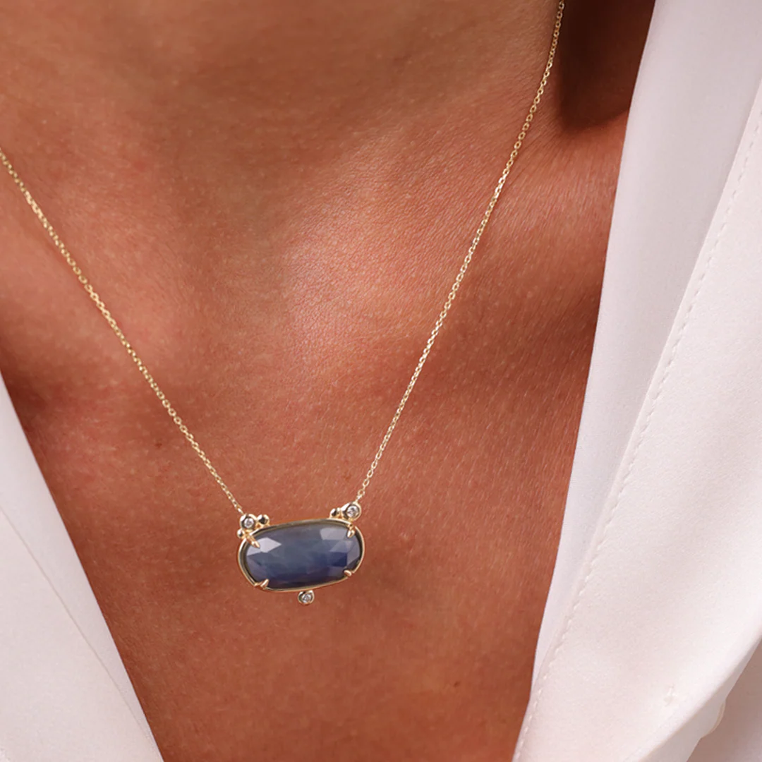 14K Gold Horizontal Sapphire Necklace  with  3 diamonds - Image 2