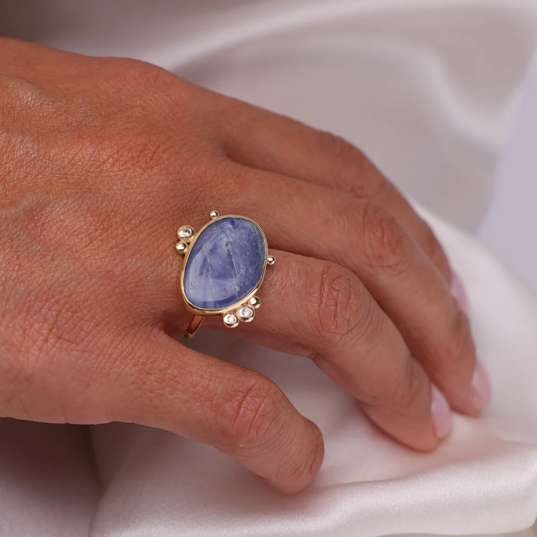 14K Gold  Irregular Kyanite Ring with 3 Diamonds - Image 3