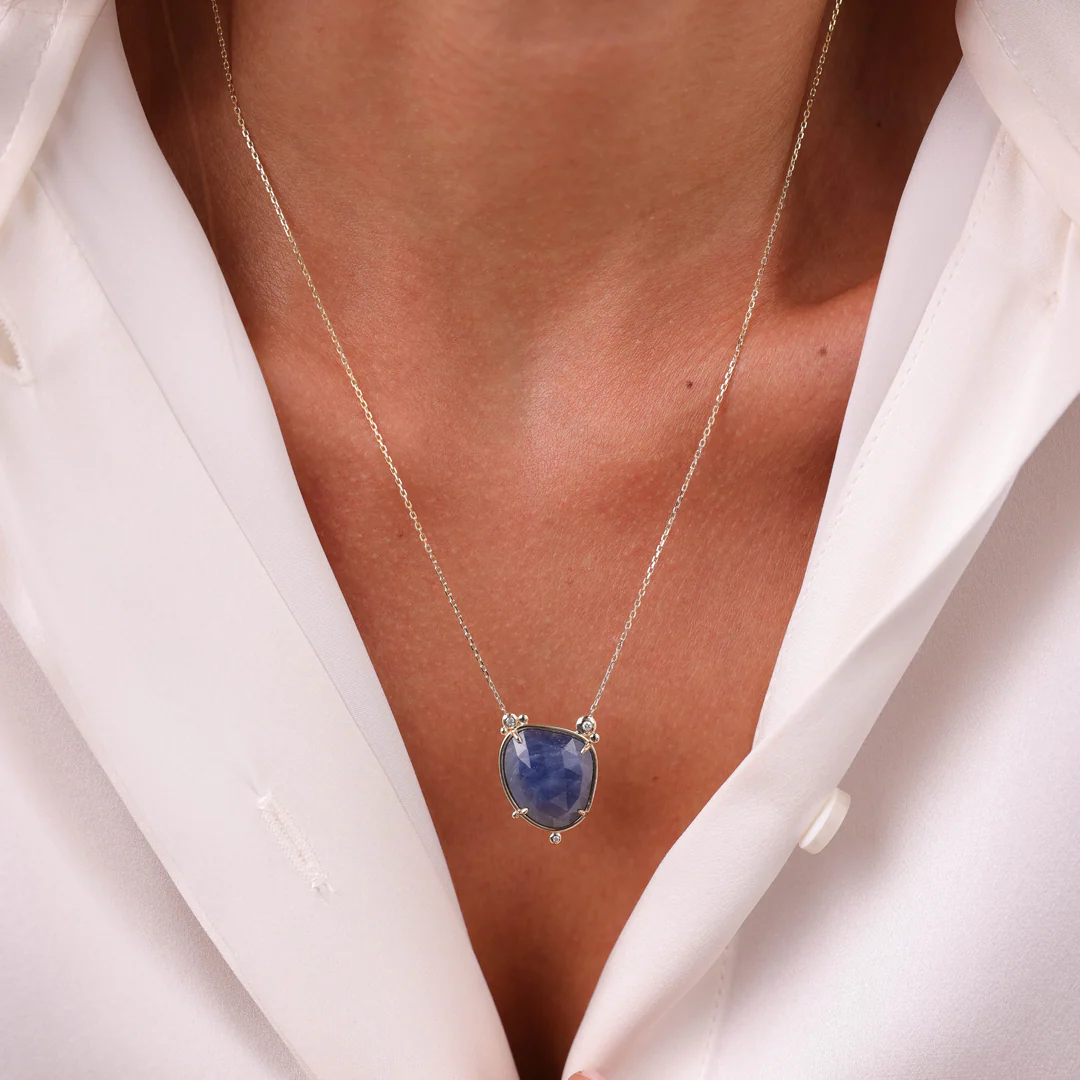 14K Gold Irregular Sapphire Necklace  with  3 diamonds - Image 3