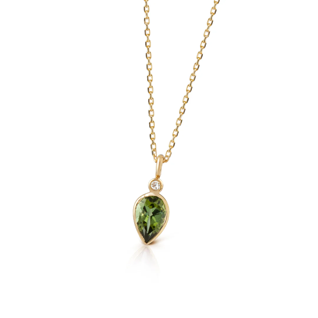 14K Gold Pear Shaped Light Green Tourmaline and Diamond Necklace - Image 2