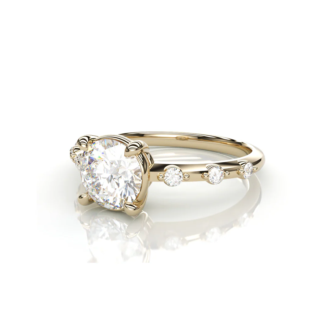18K Yellow Gold Round LAB Diamond Ring with 3 small Diamonds on each side - Image 2