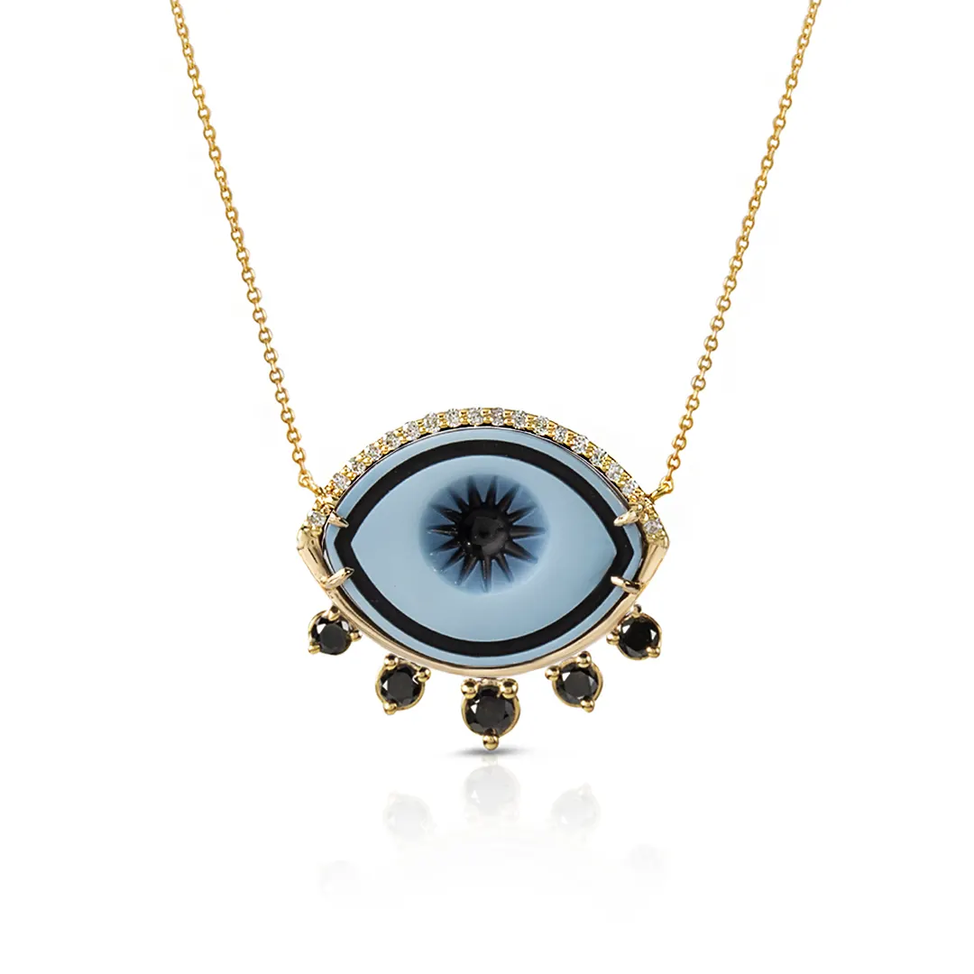 Cycladic Talisman 14K Gold Necklace with Cameo Eye and 5 Black Diamonds