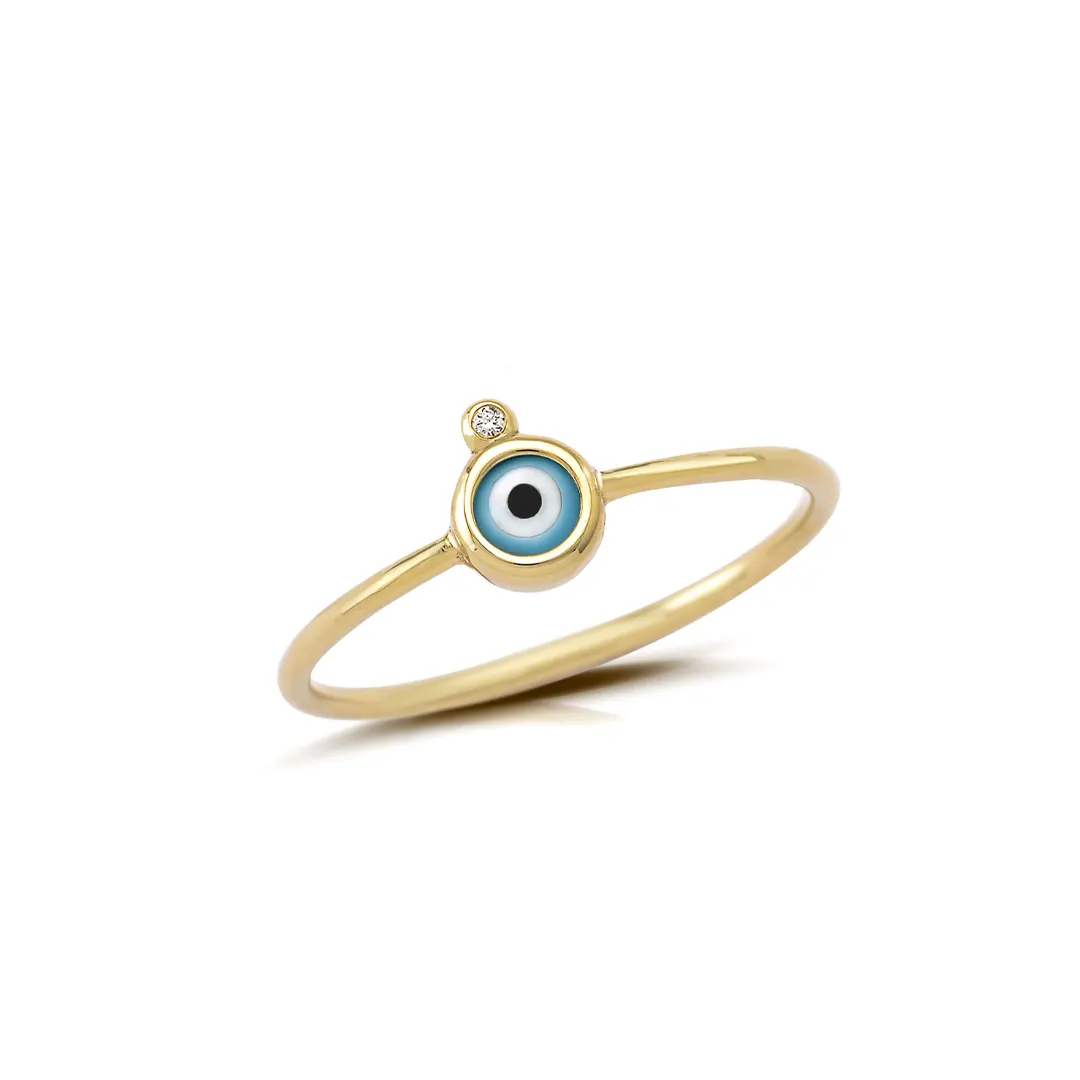 Round Evil Eye 14K Gold Tiny Ring with Diamond - Image 3