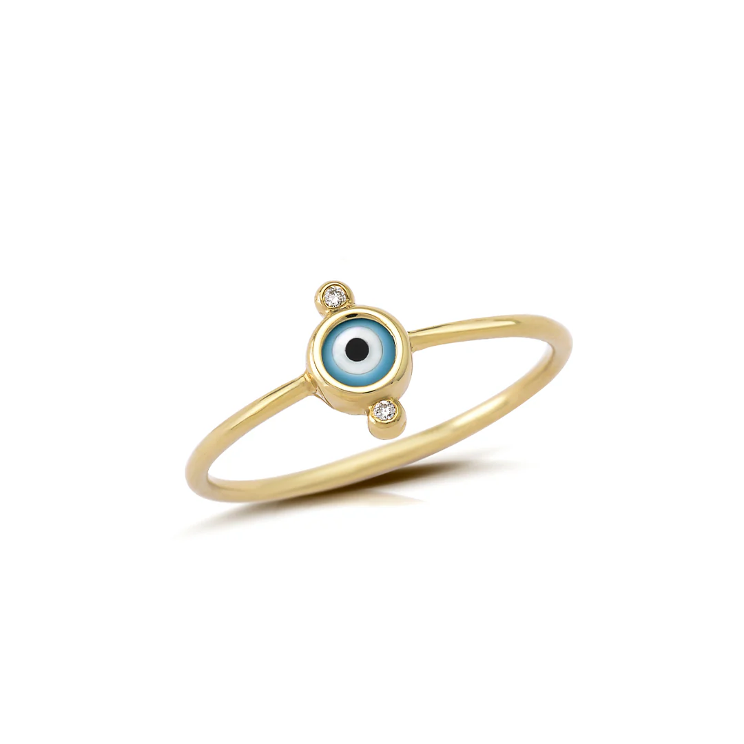 Round Evil Eye 14K Gold Tiny Ring with 2 Diamonds - Image 2