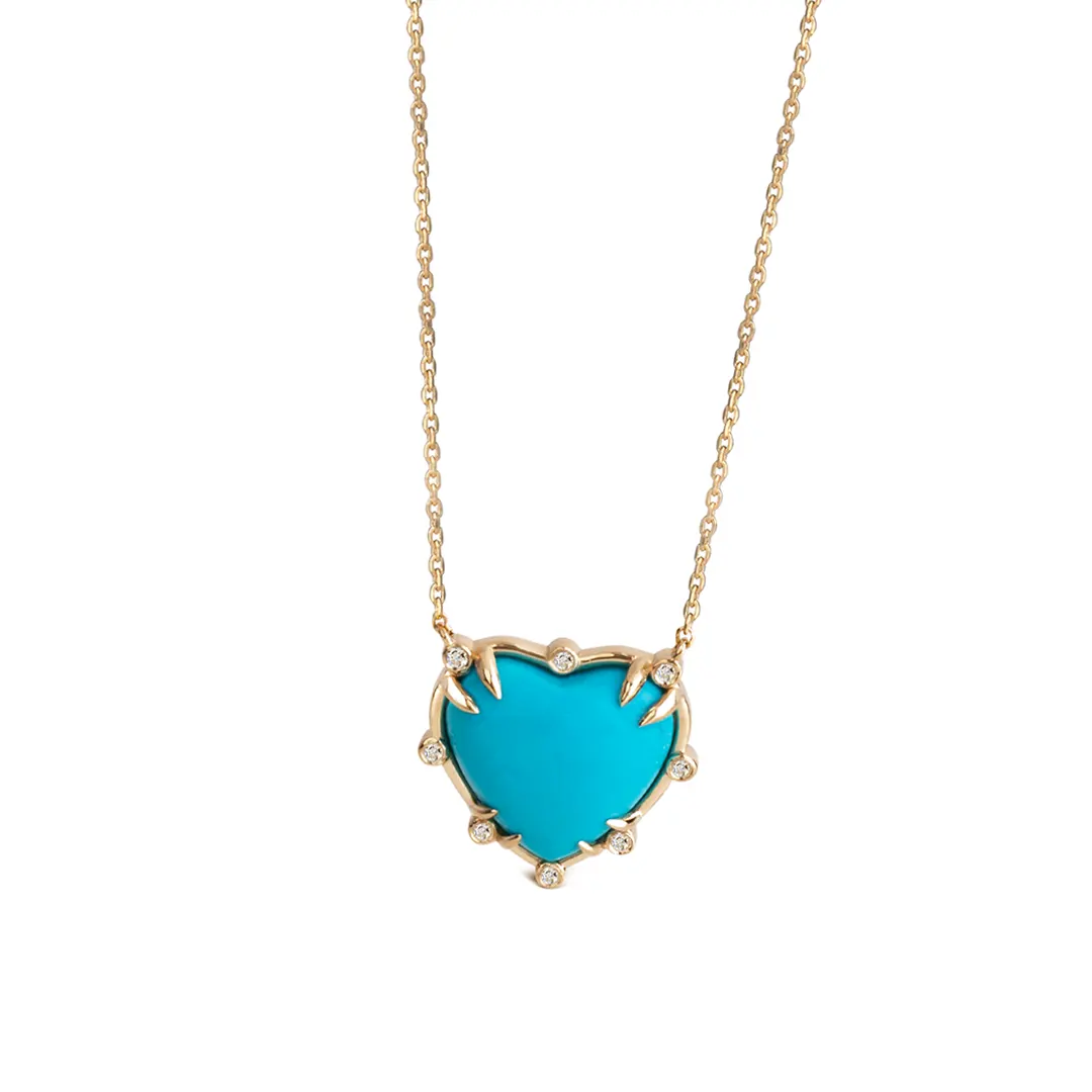 Small Heart Shaped Turquoise 14K Gold Necklace with 8 Diamonds - Image 2